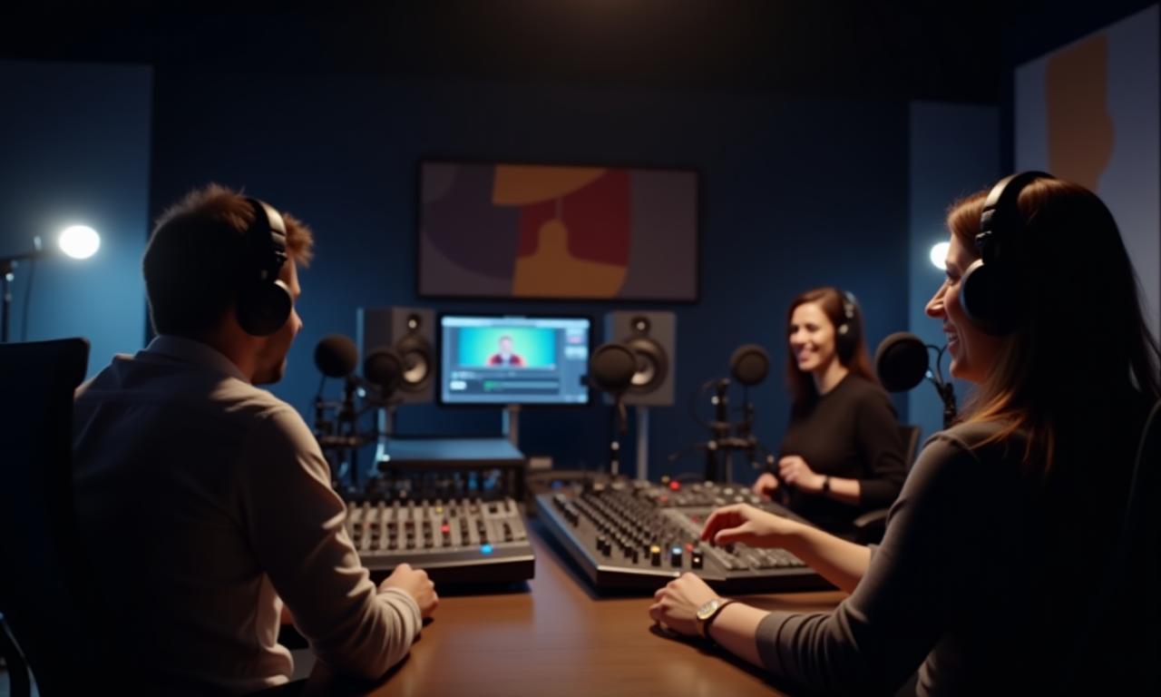 Et moderne lydstudio med mikrofoner, miksere og glade kunder